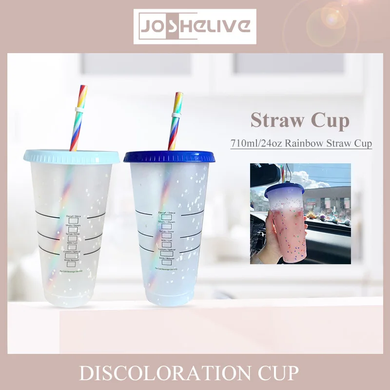 Reusable Blank Plain Plastic Cup With Color Changing Confetti Blue Cold Drink Milk Tea Juice Cup  Plastic Tumbler With Straw Lid