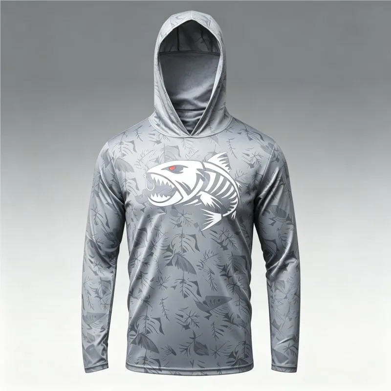 Herren Skelett-Fisch-Print UPF50+ Angelhemd mit Kapuze und Gesichtsmaske, Langarm, Schnelltrocknend, Anti-UV, Atmungsaktiv, Outdoor-Angeloberteil – Detail 5