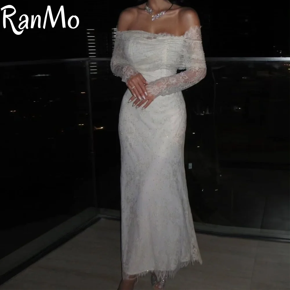

Ranmo Индивидуальные высококачественные классические кружевные платья с блестками и складками Русалка с открытыми плечами длиной до щиколотки Платья для особых случаев на заказ