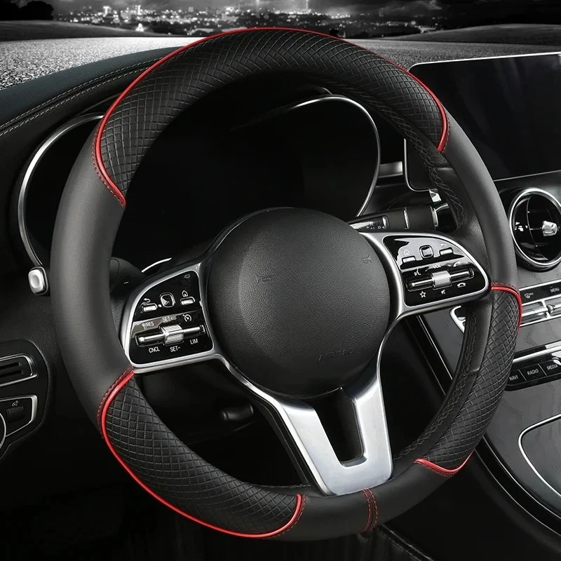 ZRGAE Full Leather Embossed Two‑Tone Car Steering Wheel Cover Anti‑Slip Sweat‑Proof Universal Auto Steering Protector