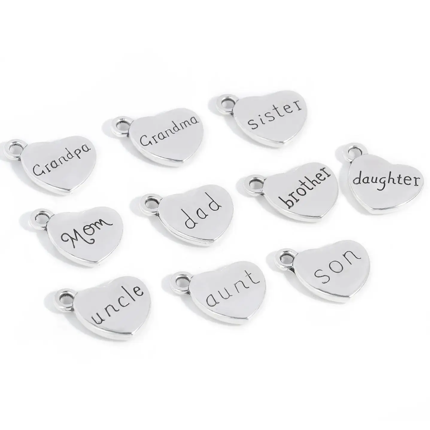 10Pcs Alloy Heart Shaped Family Member Dad Mom Grandkids Son Daughter Charm Pendant For Bracelet Necklace Earring Jewelry Making