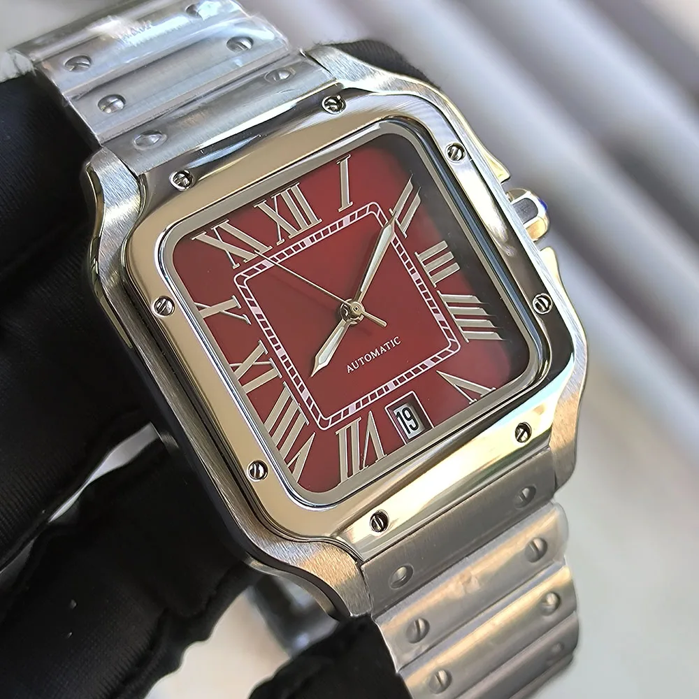 Nuovo orologio da uomo NH35 quadrante rosso vino quadrante quadrato romano orologio da uomo in acciaio inossidabile 38MM orologio Santos movimento NH35