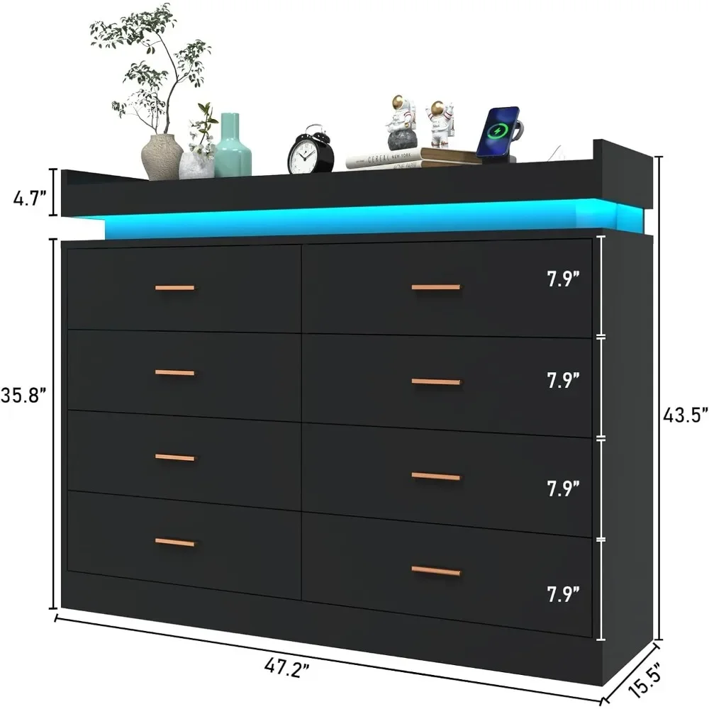 8 Drawer Dresser with LED Light and Charging Station, Modern Chest of Drawers for Closet, Wide Drawer Organizer Cabinet