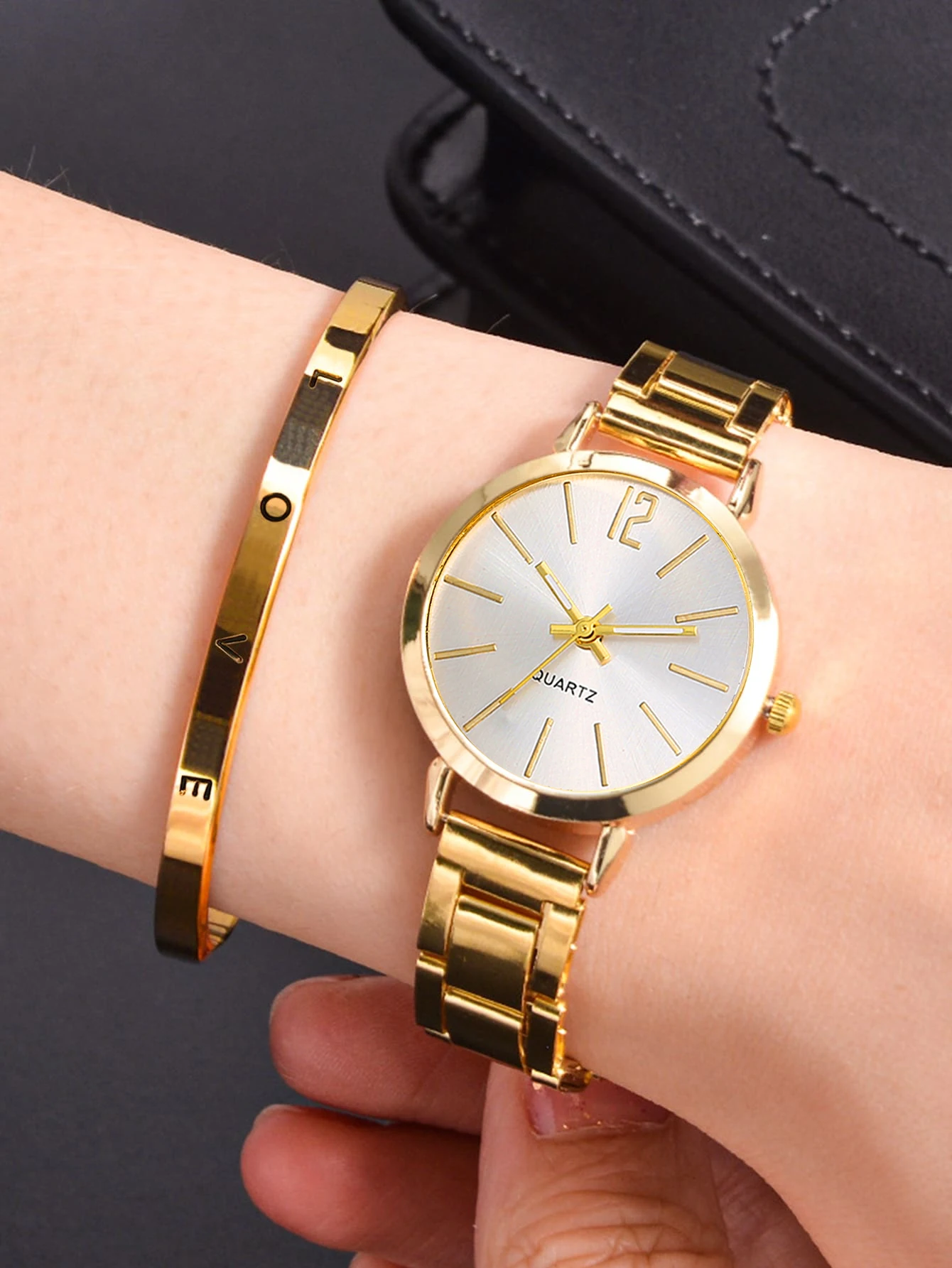 Fashion gold graduated compact women\'s quartz watch and LOVE bracelet set watch gift daily travel wear