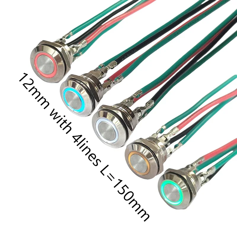 12mm Super Short Metal Button Switch Add 4Lines Ring Logo IP65 LED 3V 6V 12V 24V Snap 50mA No Locking Auto Reset Click Button