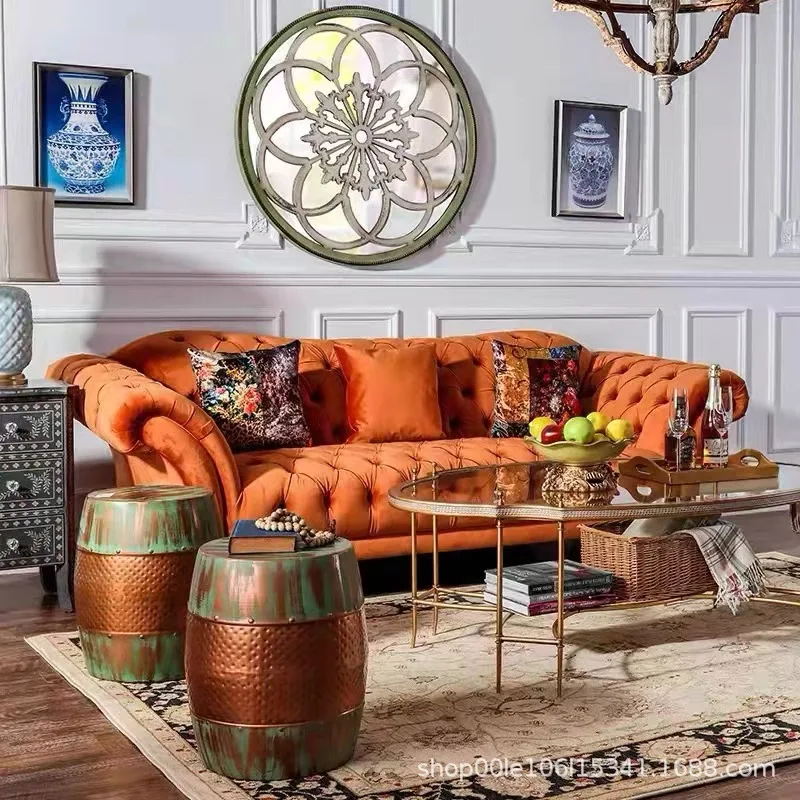 American retro buckle living room hotel B & B studio medieval fabric flannel single double three creative leisure sofa