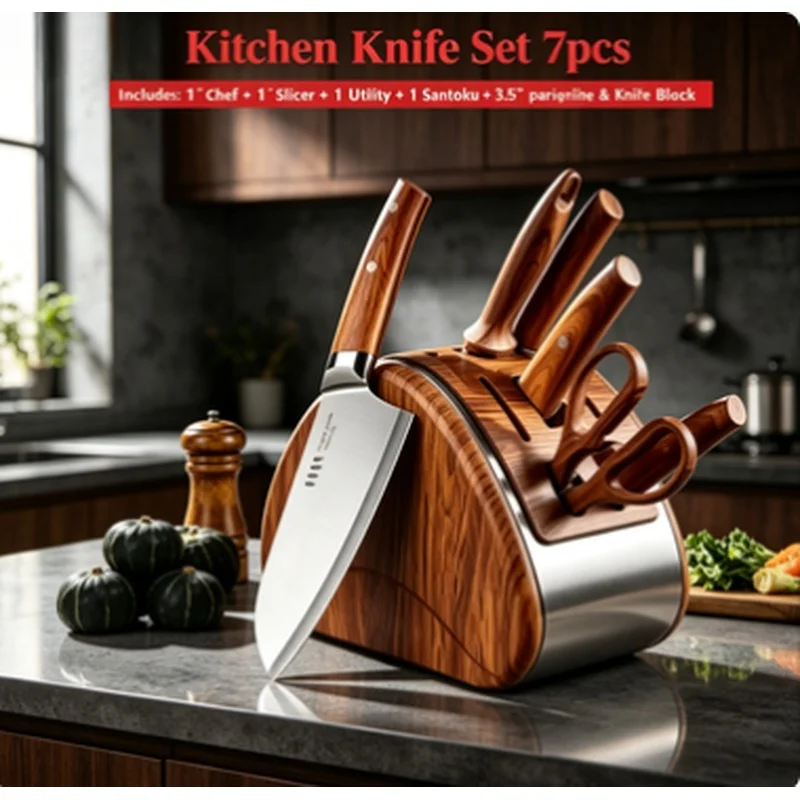 7-Piece Stainless Steel Kitchen Knife Set with Storage Block Cooking Slicing Knives Kit