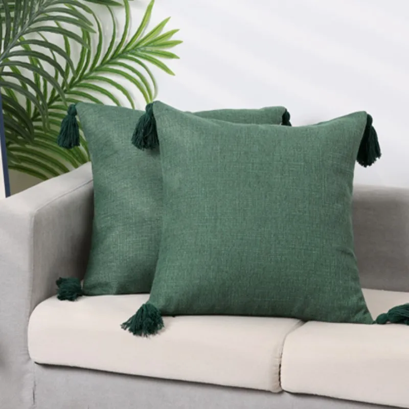 1/2pcs 18x18inch Retro Bohemia Linen Cushion Cover with Tassels Decorative Christmas Green Throw Pillowcase for Home Decor