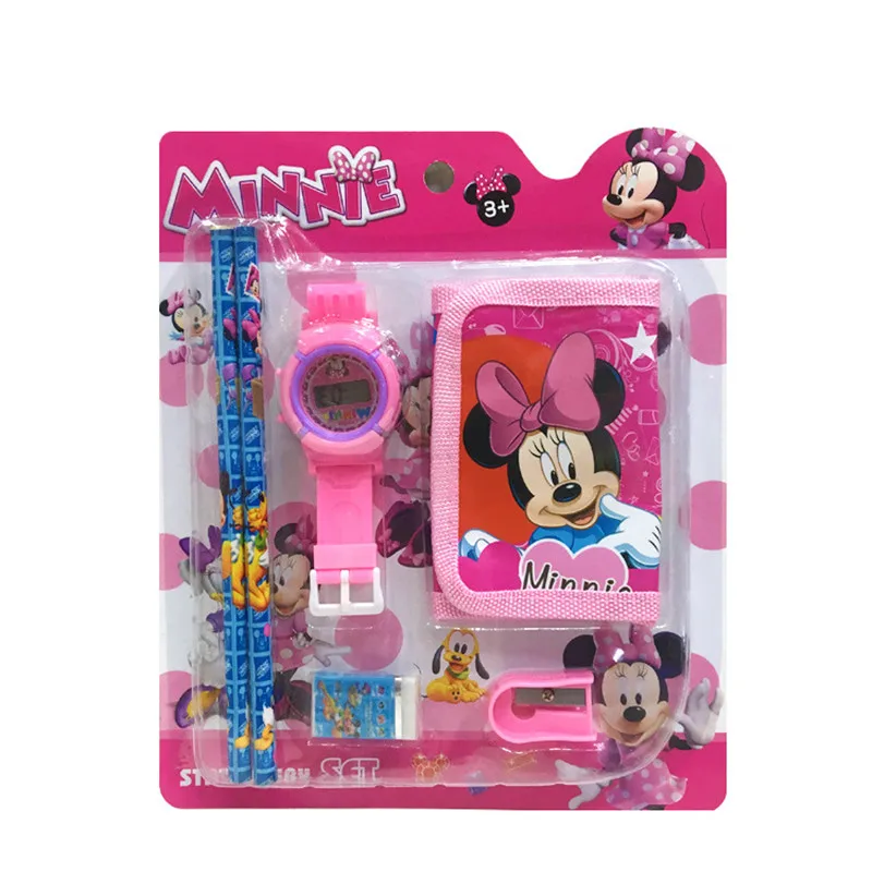 Disney Anime MInnie Mouse Stationery Set Kawaii Princess Watch Pencil Wallet Eraser Sharpener Set Children Gifts