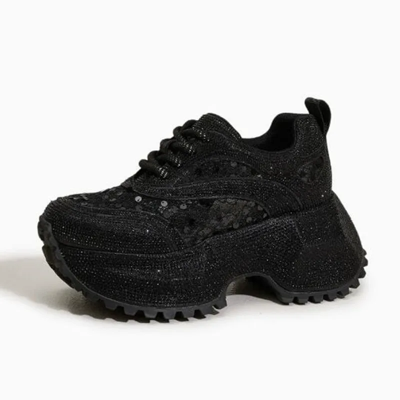 

Fashion 9cm Air Mesh Genuine Leather High Platform Chunky Sneakers Summer Ankle Boots Bling High Brand Comfy Booties Shoes Women