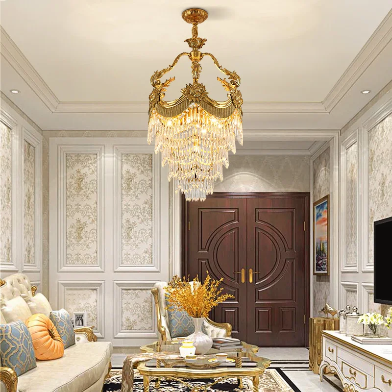 XUANZHAO French Style Luxury Lost Wax All-Copper Crystal Chandelier Entrance Hall Bar Aisle Decorated Copper Lamp