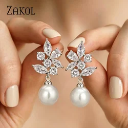 ZAKOL Brand Design Romantic Cubic Zirconia Imitation Pearl Drop Earrings Luxury Wedding Party Jewelry for Women