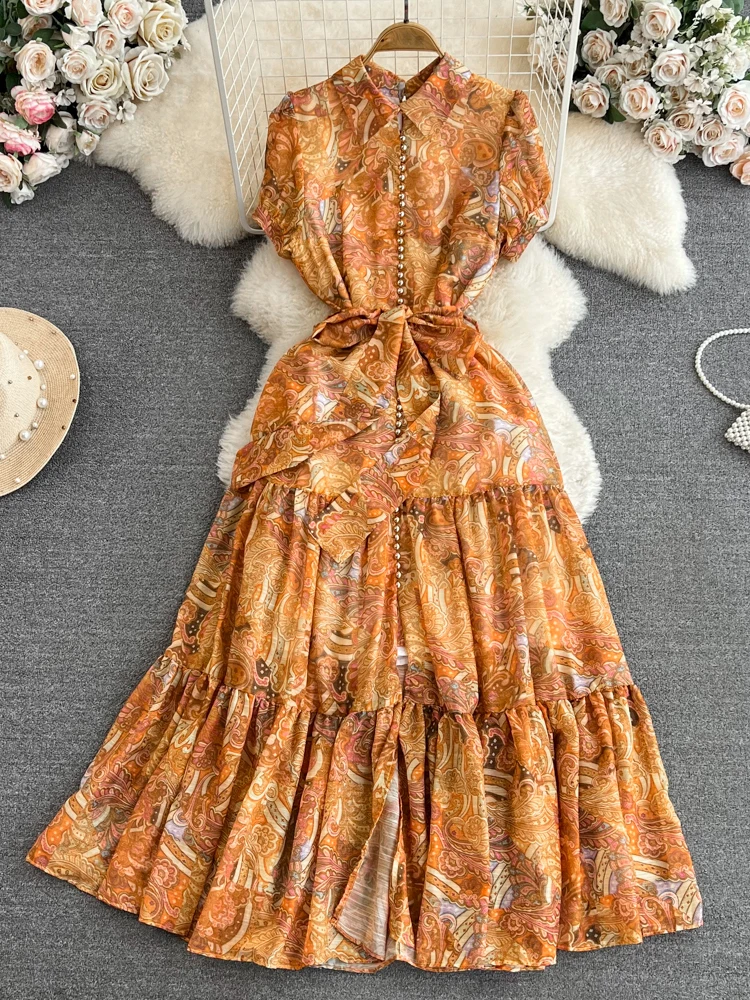 

Summer Women Yellow/Green/Red Printed Long Dress Elegant Luxury Party Maxi Vestidos Turn-Down Collar Single Breasted Robe New