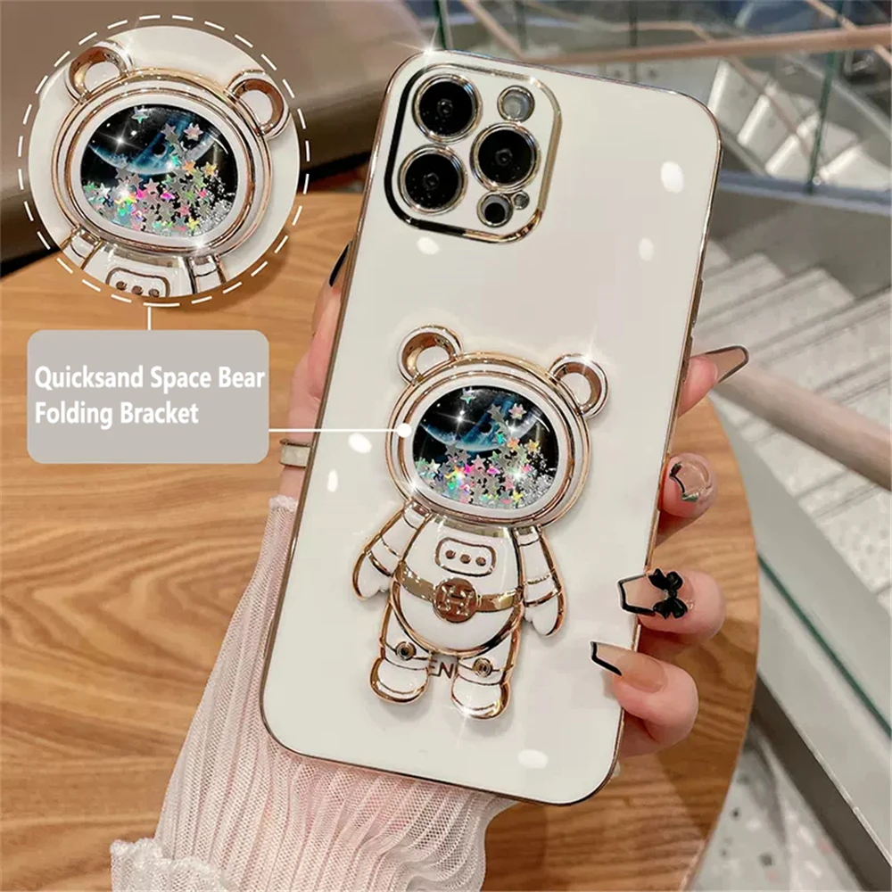 Quicksand Astronaut Plating Phone Holder Case for iPhone 16 15 14ProMax 13 11Pro Max 1  MiniCoque Stand Soft Silicone Back Cover
