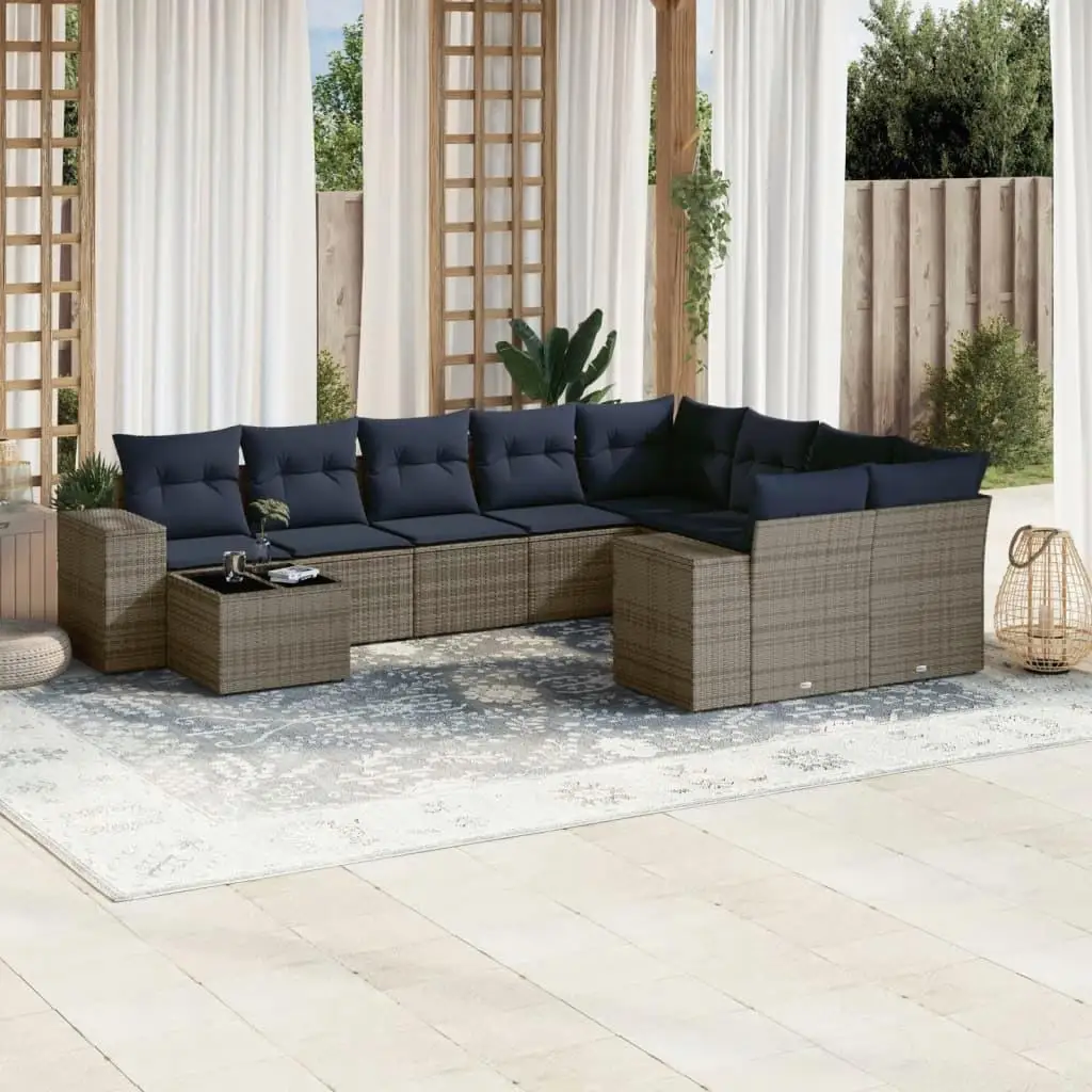 

10 Piece Outdoor Sofa Set Gray Wicker Furniture with Cushions for Patio Garden Deck Relaxation