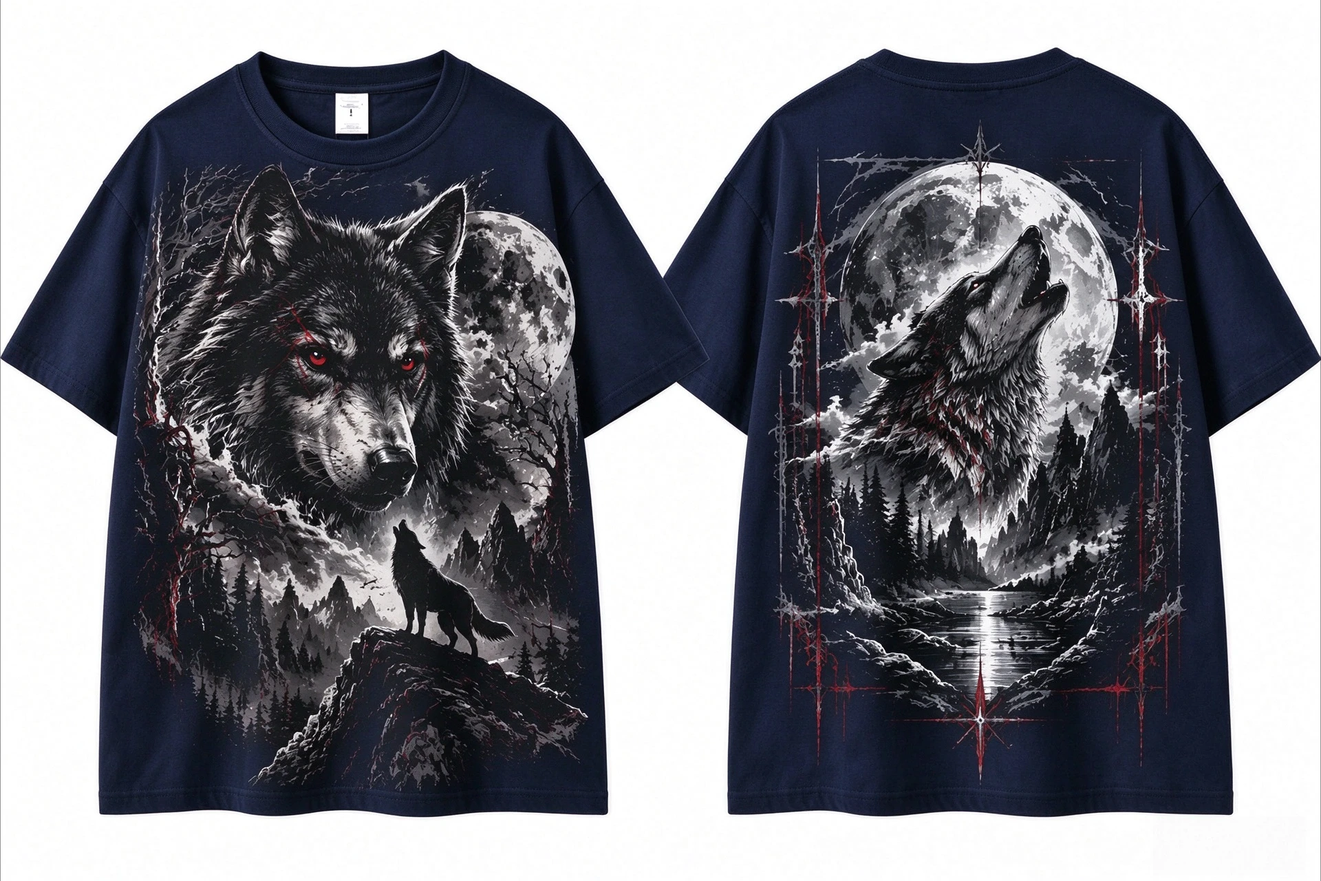 Front Back Wolf Full Moon Graphic T-shirt Unisex Forest Mountain Lake Wild Animal Print Tee Dual Sided Casual Summer Popular Top