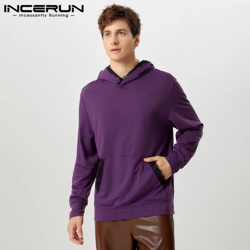 INCERUN Tops 2024 American Style Fashion Men's Lace Patchwork Pullover Hoodie Streetwear Solid Long Sleeved Hoodies Sweatshirts