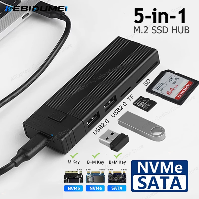 KEBIDUMEI M.2 NVMe NGFF SATA SSD Enclosure USB C HUB 5-in-1 Type C HUB Dock With Disk Storage Function SD TF Card Reader For PC