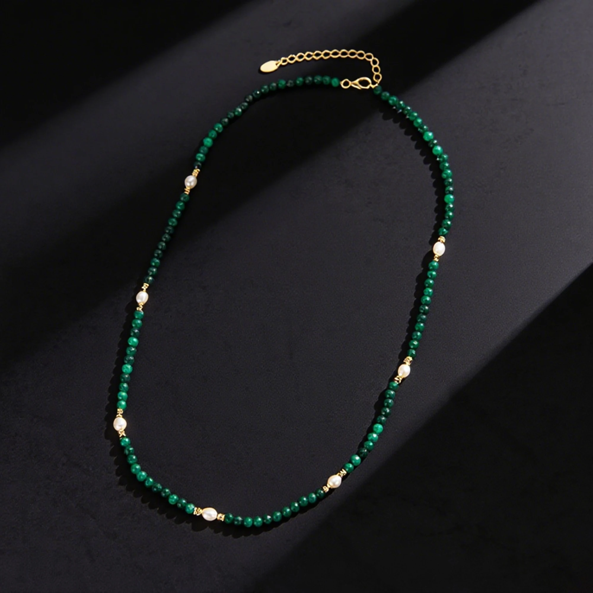 

EFFIE QUEEN 925 Sterling Silver 14K Gold Choker Necklace Natural Freshwater Pearl With Malachite Natural Stone Series Gift MPN07
