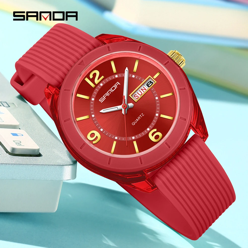SANDA جديد 6287 ساعة امتحان الترفيه للطلاب والطالبات ، ضوء ليلي مقاوم للماء تقويم مزدوج ساعة كوارتز نسائية 2025