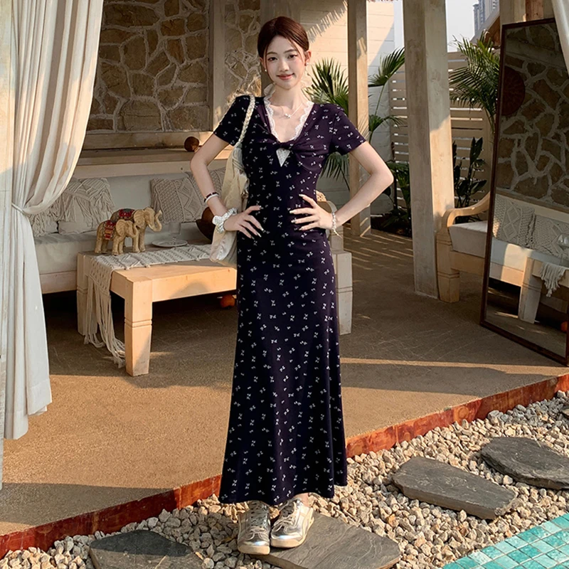 Dark V-Neck Lace Splicing Floral Dress Summer Korean Style Twisted Design High Waist Mid Length Flowers Dresses For Women