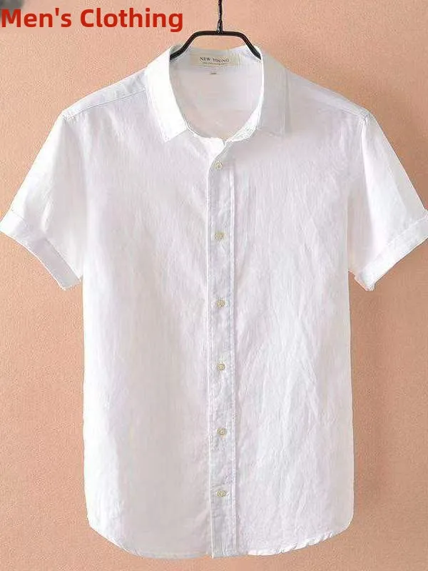

Summer Thin New Linen Shirt Men Short Sleeve Loose Business Casual Color Half Sleeve Cotton Linen Shirt White Trendy