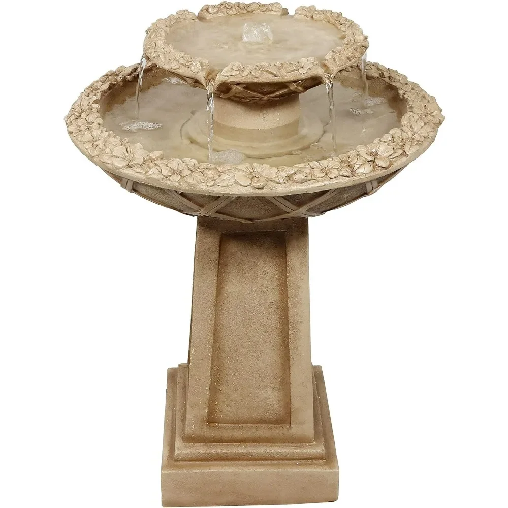 28-Inch Beveled Flower Outdoor Water Fountain - 2-Tier Backyard Water Feature & Bird Bath For The Patio Or Yard，bird Bath