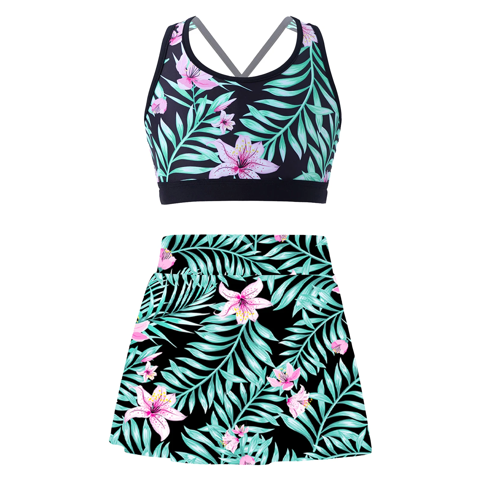 

Summer Kids Girls Printed Swimwear Set U Neck Strappy Back Crop Top with Stylish Skirt for Beach Pool Bathing Swimming Holiday