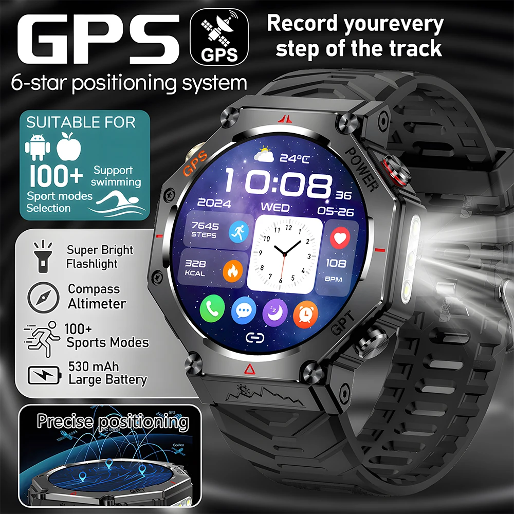 2025 جديد العسكرية الصف T-Rex 3 ساعة ذكية المدمج في ثنائي النطاق GPS البوصلة مقياس الارتفاع GhatGPT 3ATM مقاوم للماء السباحة SmartWatch