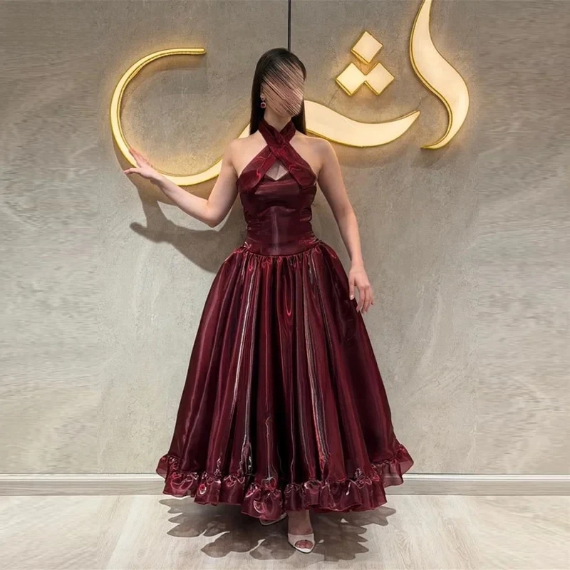 

2026 Dubai Halter Neck Evening Dresses Women Burgundy Organza Evening Dresses Ankle Length Backless Robes De Soirée Customized