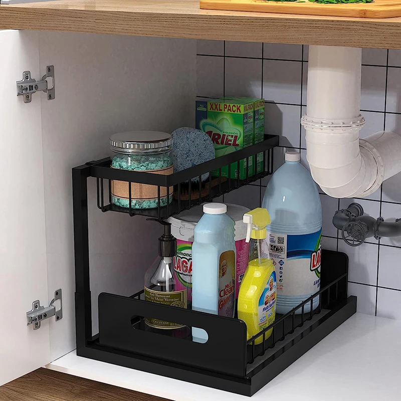 

2 Tier Under Sink Storage Organizer Sliding Drawer Multipurpose Rack Cabinet Under Sink Storage Rack Bathroom Kitchen Organizer