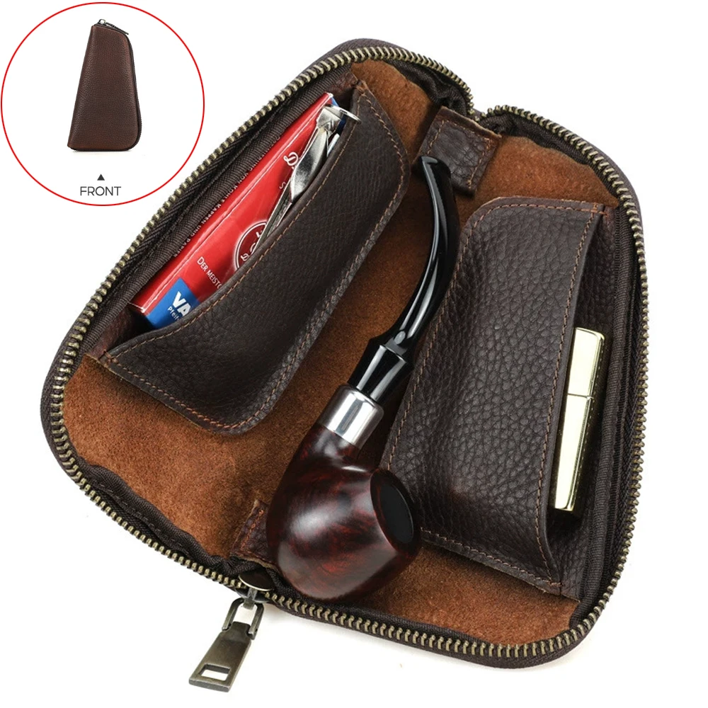 Compact Pipe Storage Pouch Retro Crazy Horse Textured Cowhide Travel Portable Genuine Leather Tobacco Pipe Bag