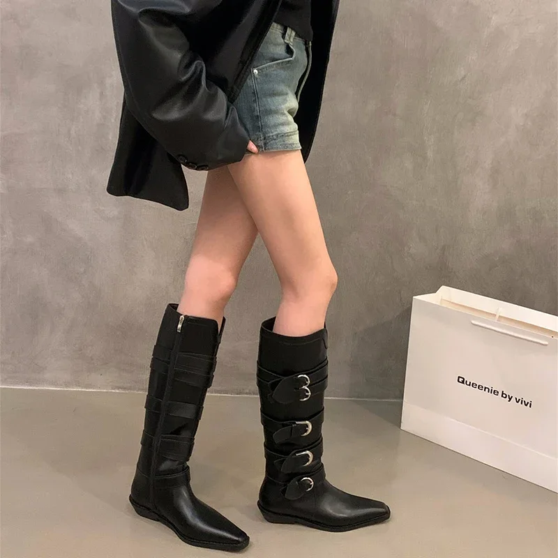 Designer Vintage Women Knee-High Boots Fashion Belt Buckle Shoes Autumn Winter Thick Heel Women\'s Knight Long Booties