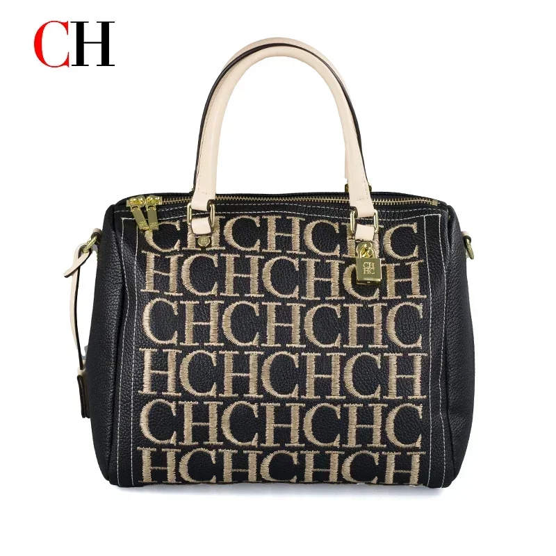 CH Embroidery Letter Boston Bag Women Black PU Leather Handbag Gold Lock Removable Strap Travel Crossbody Shoulder Purse