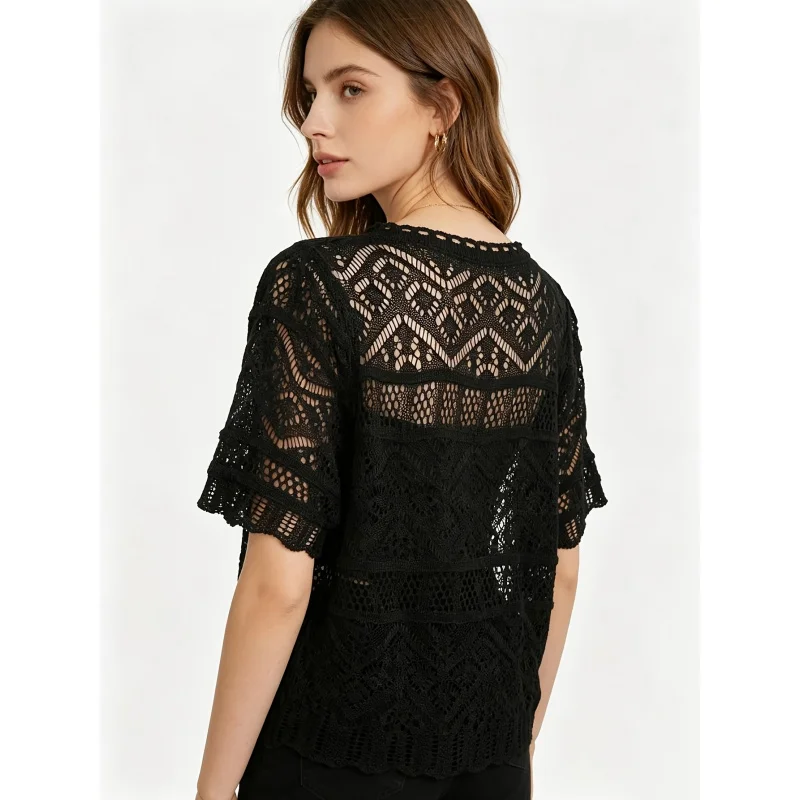 

Women Crew Neck Geometric Hollow Crochet Blouse Short Ruffle Sleeve Scallop Hem Open Knit Casual Layering Top
