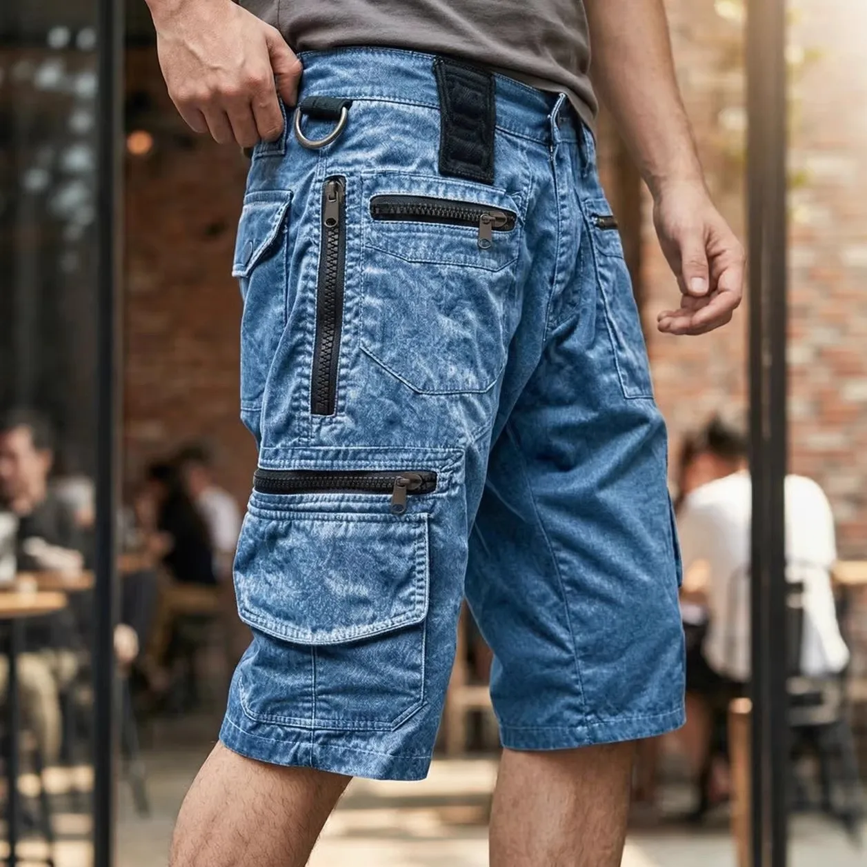 Men's Shorts Summer Cotton Denim Shorts Blue Washed Jean Shorts Olive Green Belt Loop Waist Cargo Shorts Utility D-ring Detail
