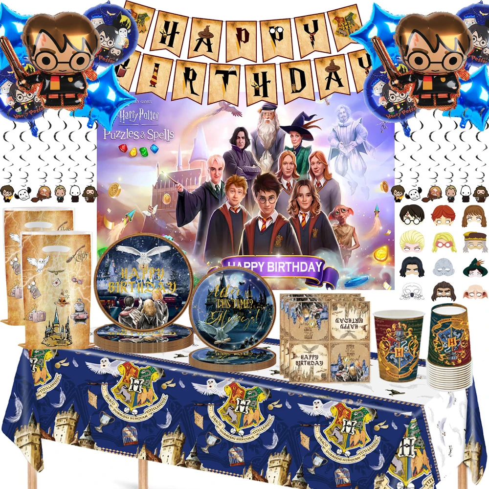 KAYOU Harry Potter Birthday Party Balloon Paper Cup Plate Napkin Tablecloth Sticker for Kids Magic Academy Party Decorations