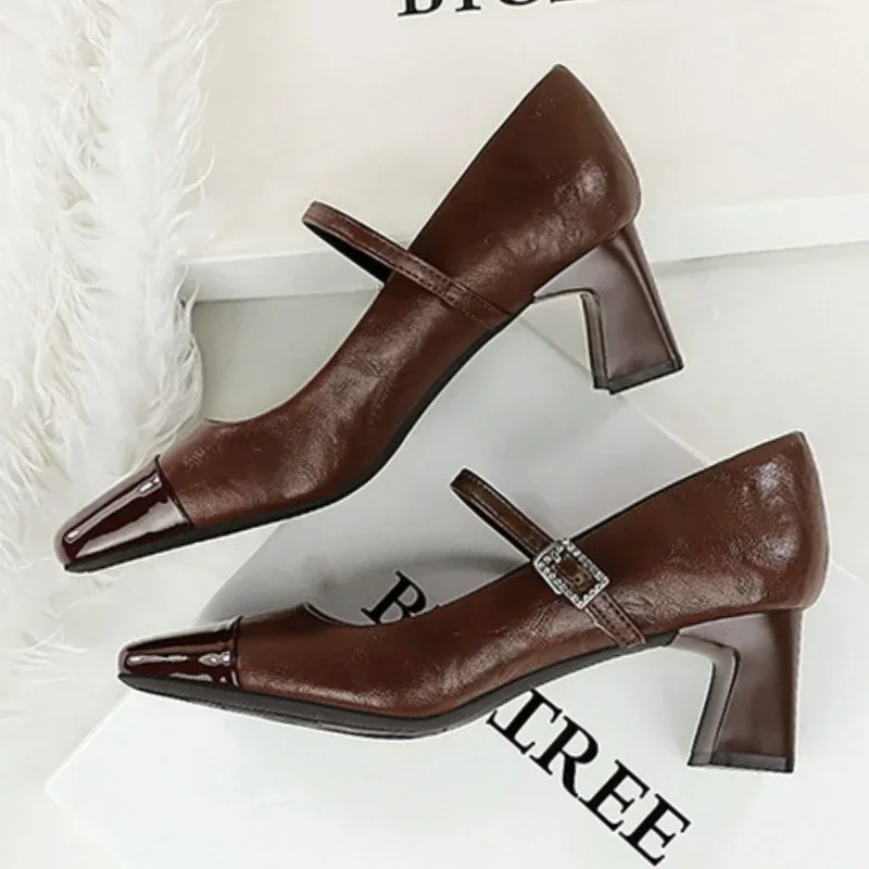 

BIGTREE Women Shoes Spring Fashion BeLt Buckle Women's Pumps Square Stripper Party Vintage Ladies Shoes Zapatos Mujer
