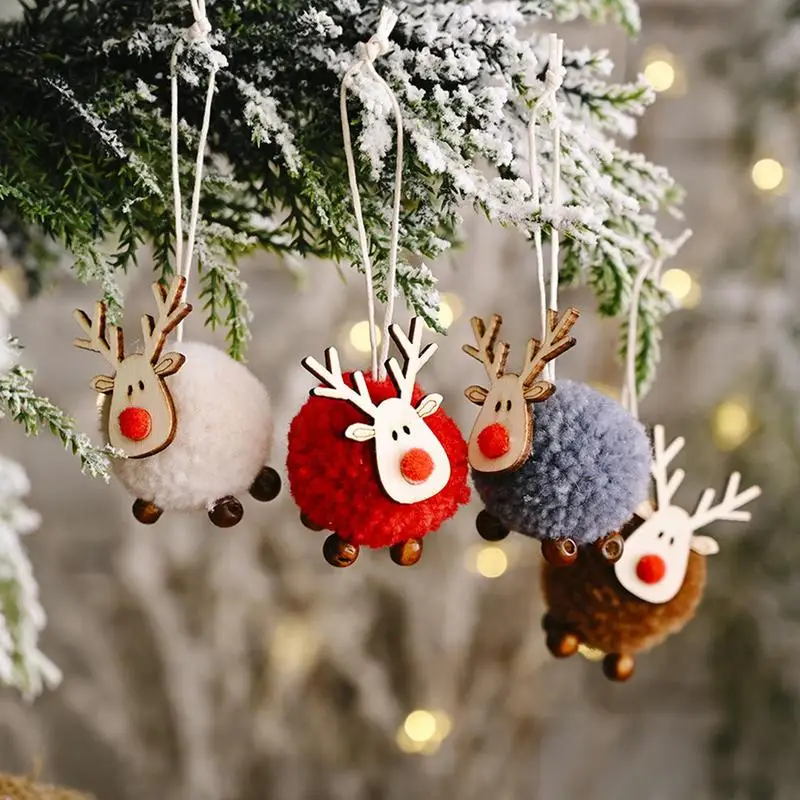 Deer Ornaments For Christmas Tree Soft Reindeer Plush Doll Christmas Antler Pendant Wooden Animal Ornaments Deer Christmas Decor