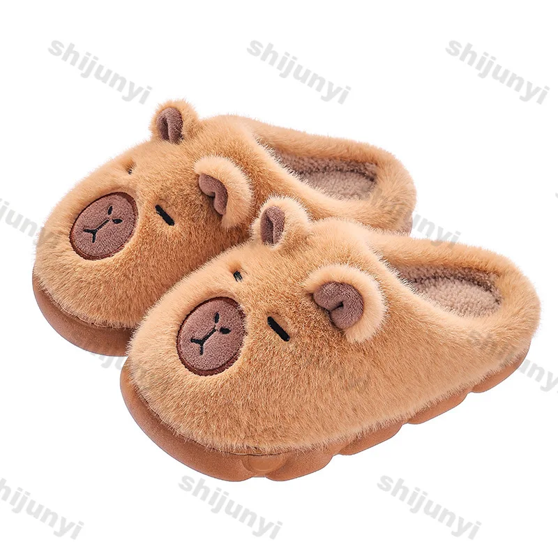 Cute Capybara Cotton Slippers for Children Winter 2027 New Warm Fluffy Home Shoes for Couples Anti Slip Plush Slippers for Women