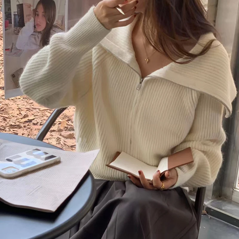 

Elegant Knitted Long Sleeve Zipper Cardigan Women Sweater Autumn Casual Lapel Top Solid Color Loose Office Style Knitwear Jacket