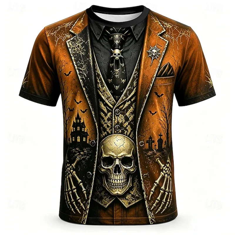 2026 New Halloween 3D Fake Tuxedo Print T-shirt Horror Skull Skeleton Graphic Short Sleeve Funny Cosplay Tees Party Tops