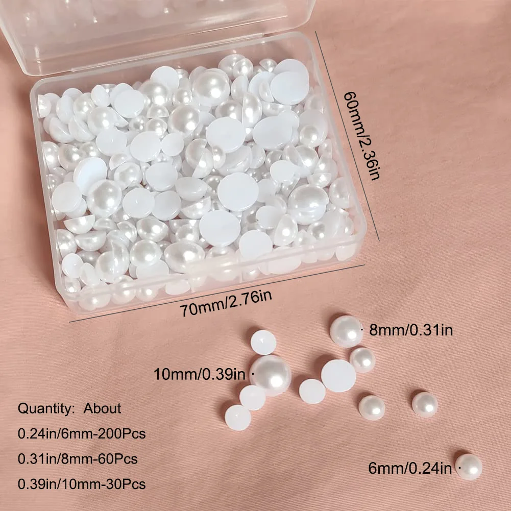 6/8/10mm White Flat Back ABS Pearl Half Round Pearls Loose Beads Gems for DIY Craft Loose Beads + Plastic Box