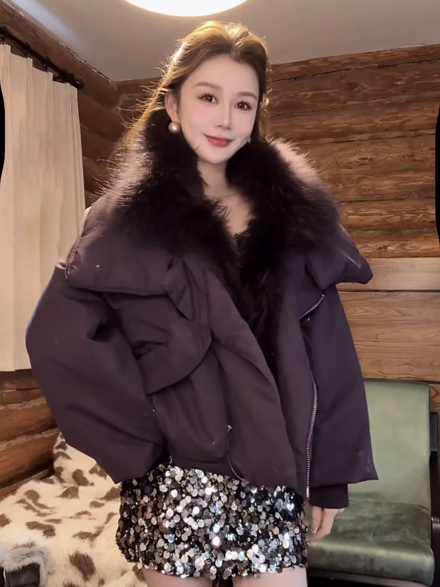 

AZZHEN Luxury Fur Removable Collar down Jaet Loose Warm Winter Coat Women's Casual Sle Long Sve Zipper Closure Coat