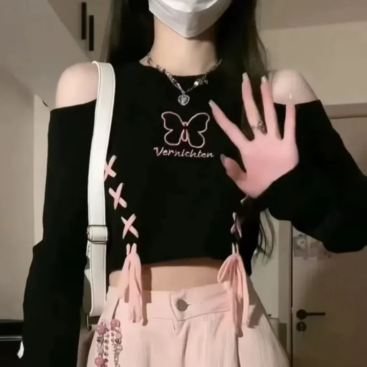 

2025 Autumn New Black Hoodie Tops Mujer Letter Butterfly Embroidery Sweaters Y2k Hollow Out Long Sleeve Loose Pullover