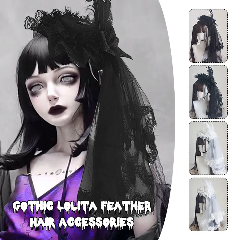 Pinzas para el cabello de plumas blancas y negras góticas, accesorios para el cabello para Cosplay de Lolita, sombrero de copa pequeño con lazo, tocado con horquillas