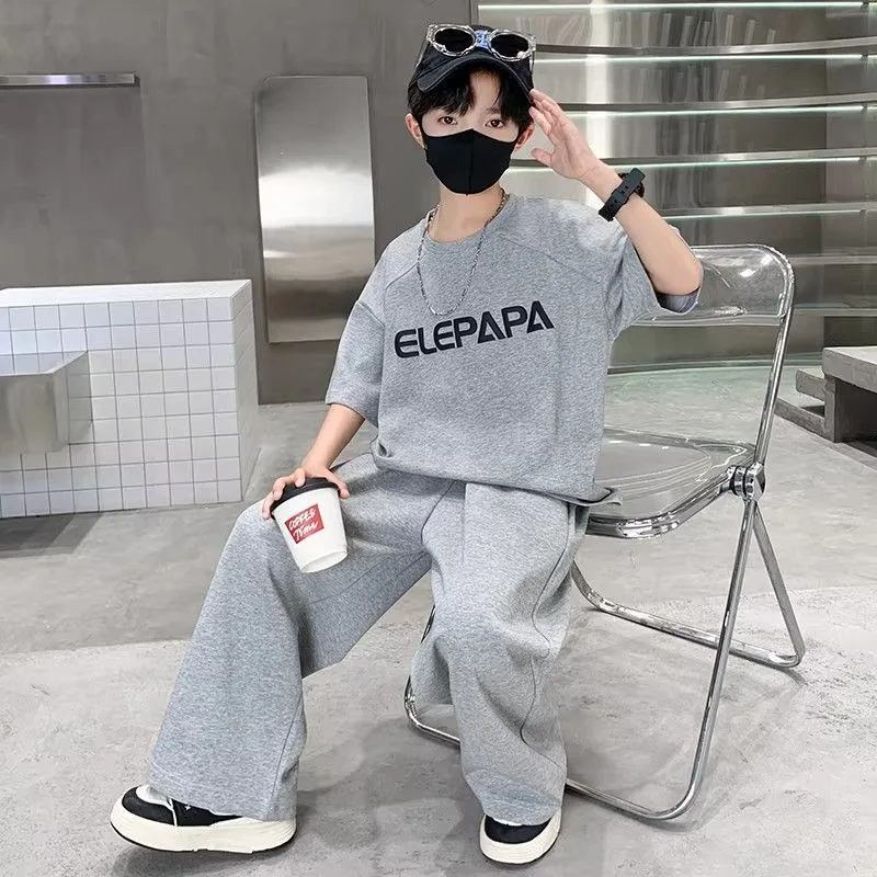 Autumn Winter Boy Teenager Clothes Children Set Letters Loose t-shirt Top + Wide Leg Pant Tracksuit 4 6 8 10 12 14 Years