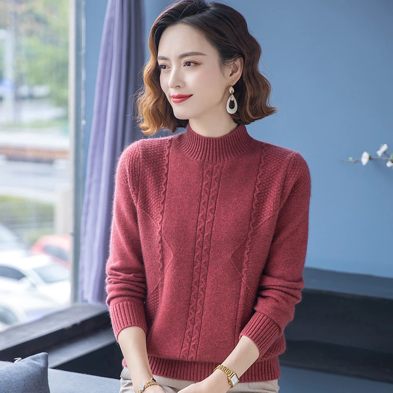 

Knitwear 2025 Autumn Winter Women's Sweater Half High Neck Solid Slim Knitted Long Sleeves Pullover Female Clothing