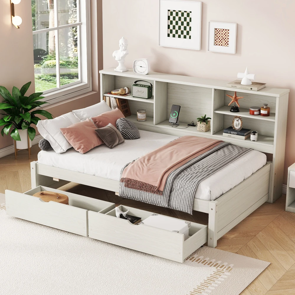 

Twin Size Bed Frame with Side Bookshelves, Two Drawers, and Built-in USB Port for Creamy White Color， Twin Bed Frame