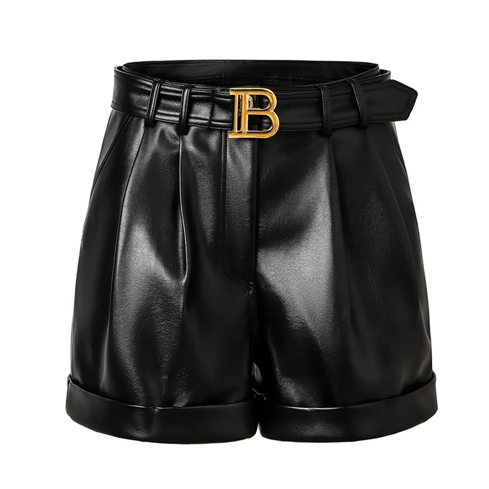 TIFICY High Street Hot Shorts Women's Summer New Belt Buckle Strap PU Leather Shorts Pants  Women Clothing